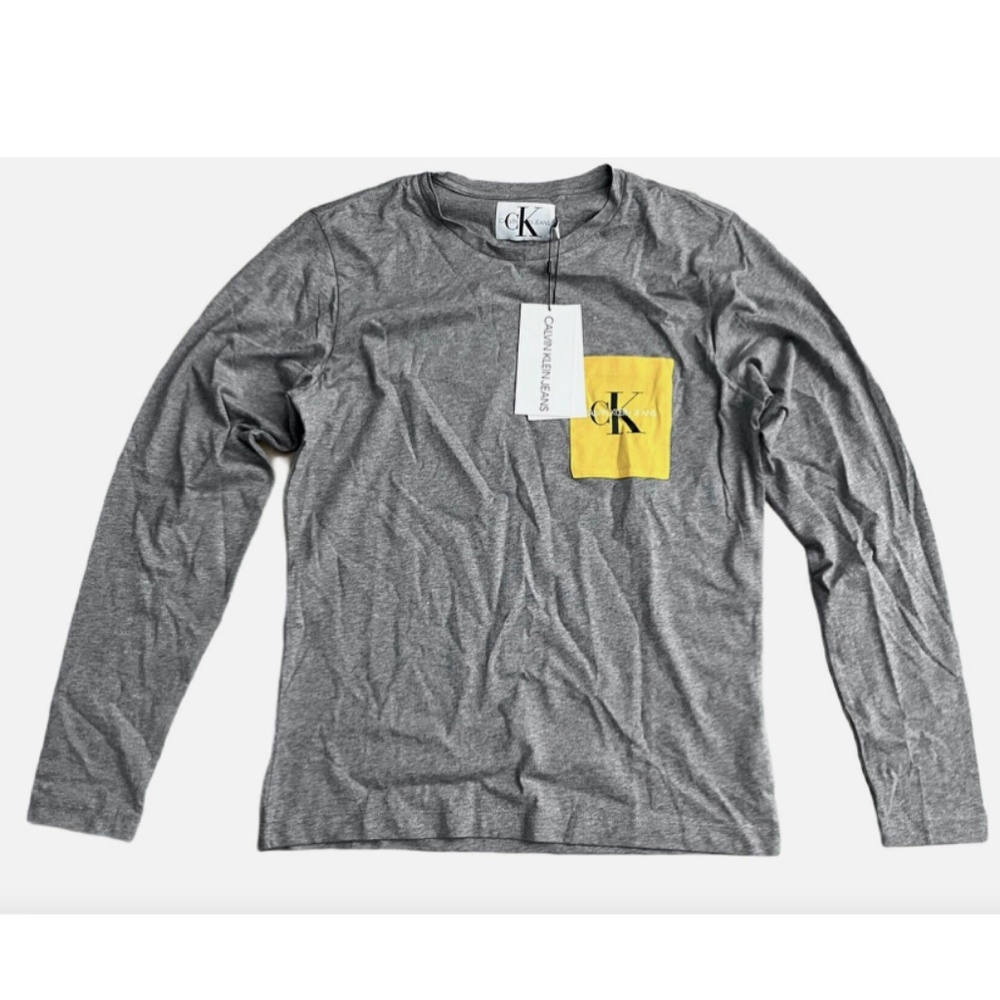 Calvin Klein Jeans Nwt Organic Cotton Gray Monogram Pocket Long Sleeve Shirt